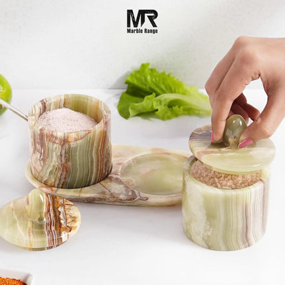 Green Onyx Marble Salt Cellar Set with Tray