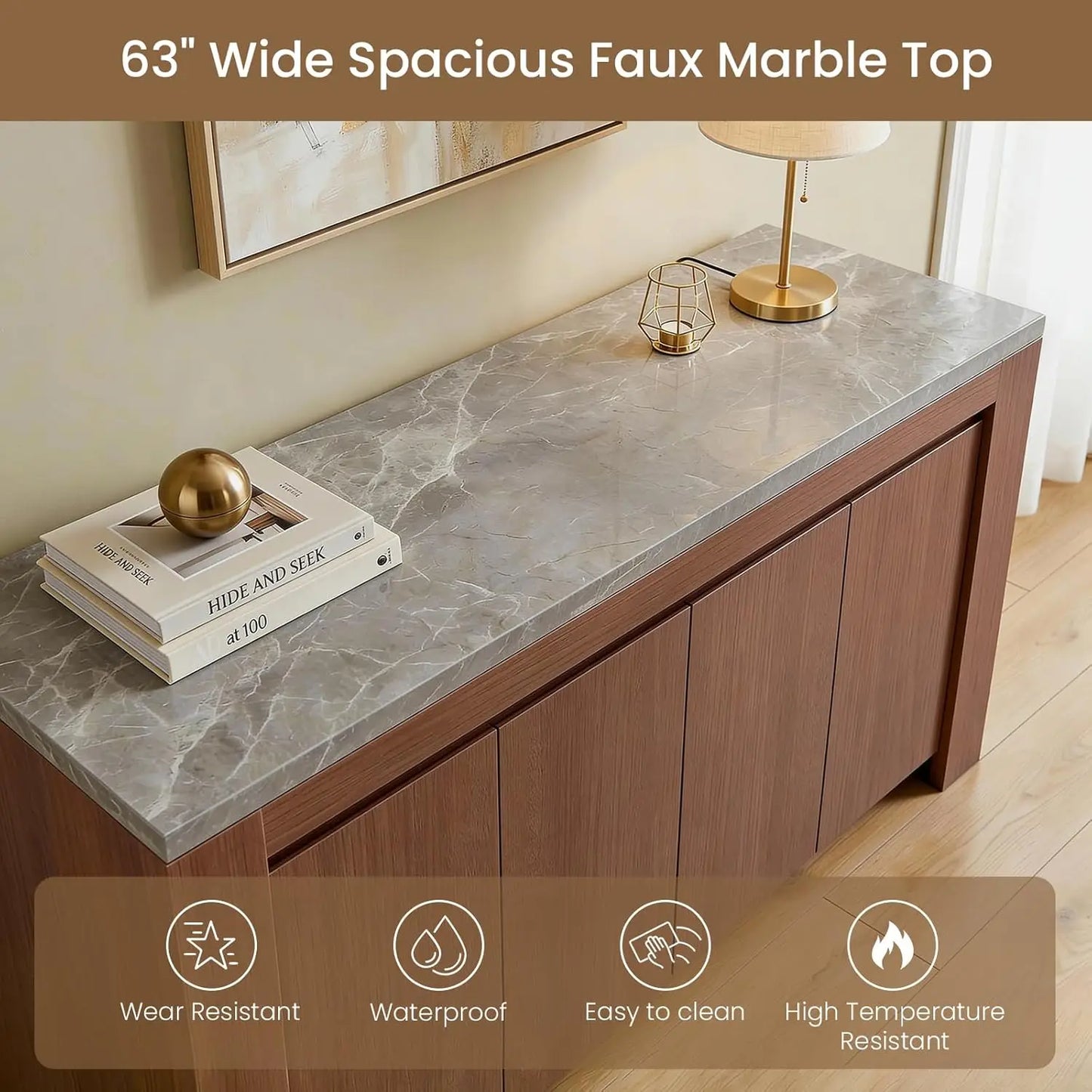 Modern Sideboard with Faux Marble Top and Hidden Storage