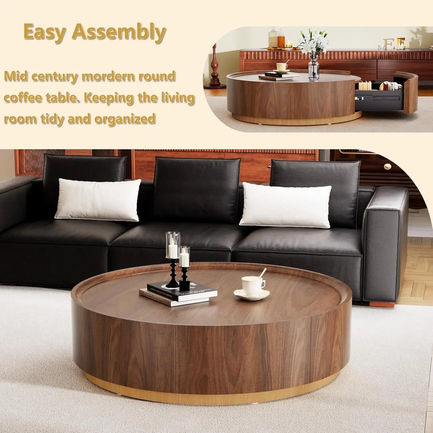 Round Drum Coffee Table with Hidden Storage