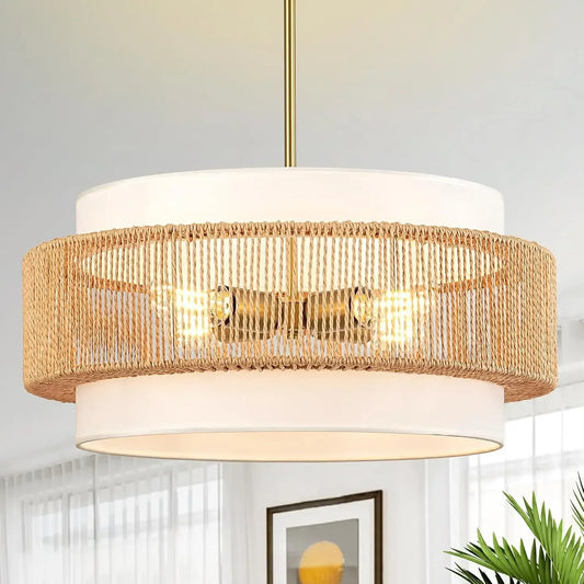 Boho Rattan Chandelier with Adjustable Height and Fabric Shade