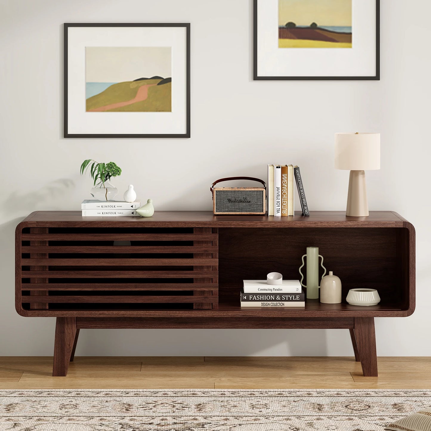Mid-Century TV Stand with Sliding Doors