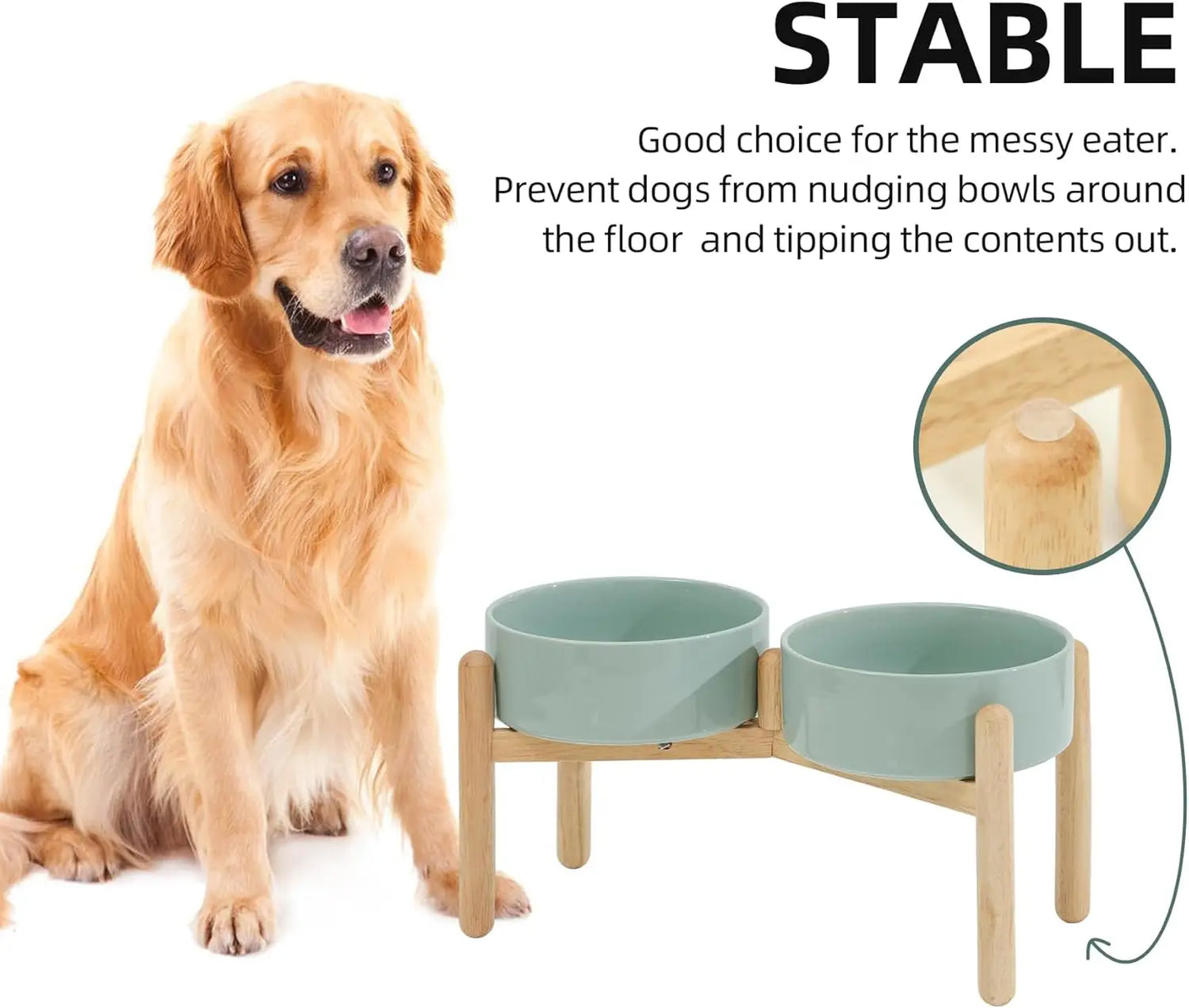Elevated Ceramic Dog Bowl Set With Wooden Stand