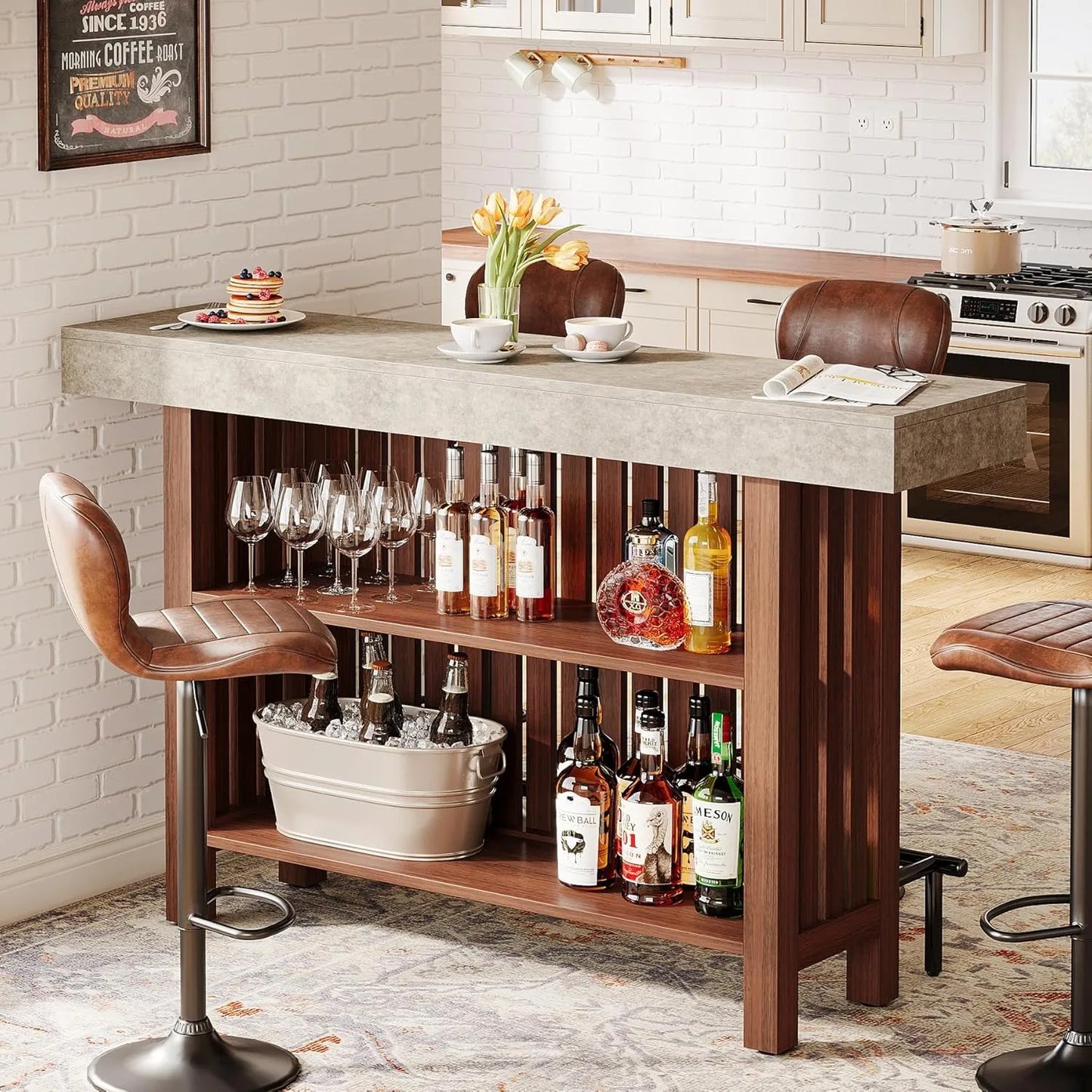 Modern 63” Home Bar Unit With Open Shelf Design