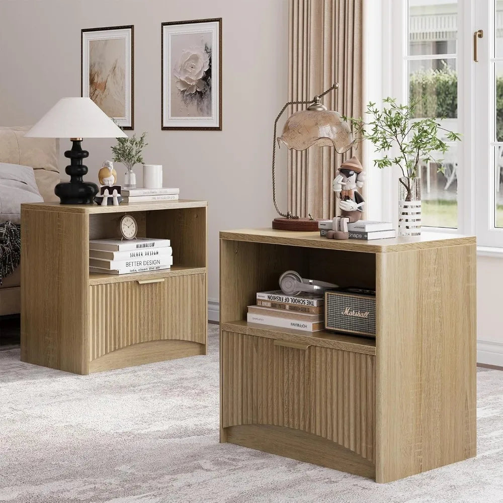 Fluted Wood Nightstand Set With Modern Storage Design
