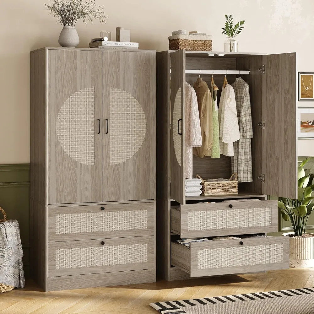 Arched Rattan Door Bedroom Wardrobe Armoire