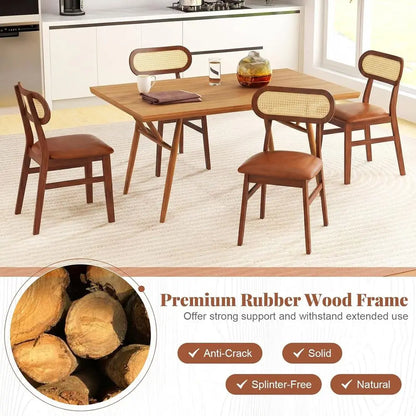 Mid-Century Dining Chairs with Rattan Back and Wood Frame - Set of 4