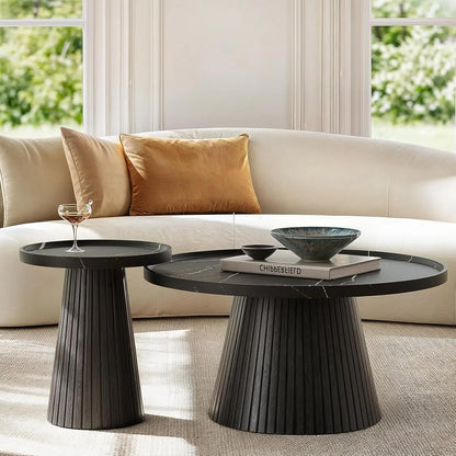 Modern Oak Travertine Nesting Coffee Tables