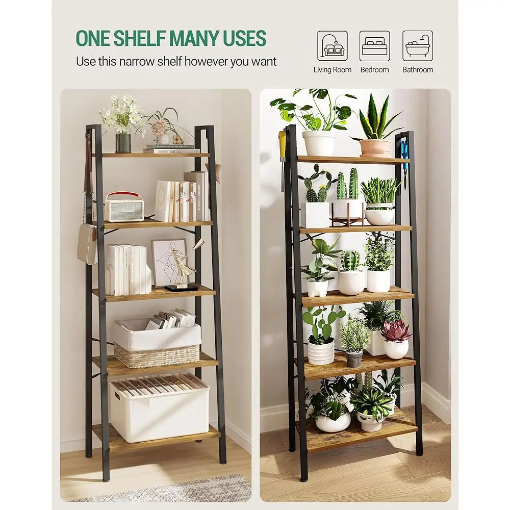 Industrial Ladder Shelf with Hooks and Storage