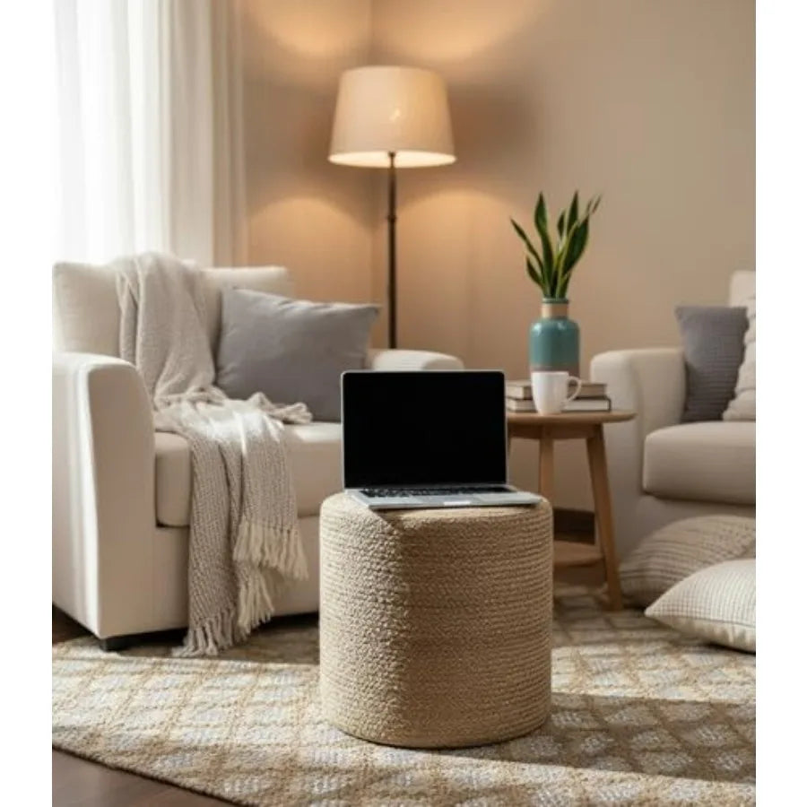 Hand-Knitted Jute Braided Pouf Ottoman