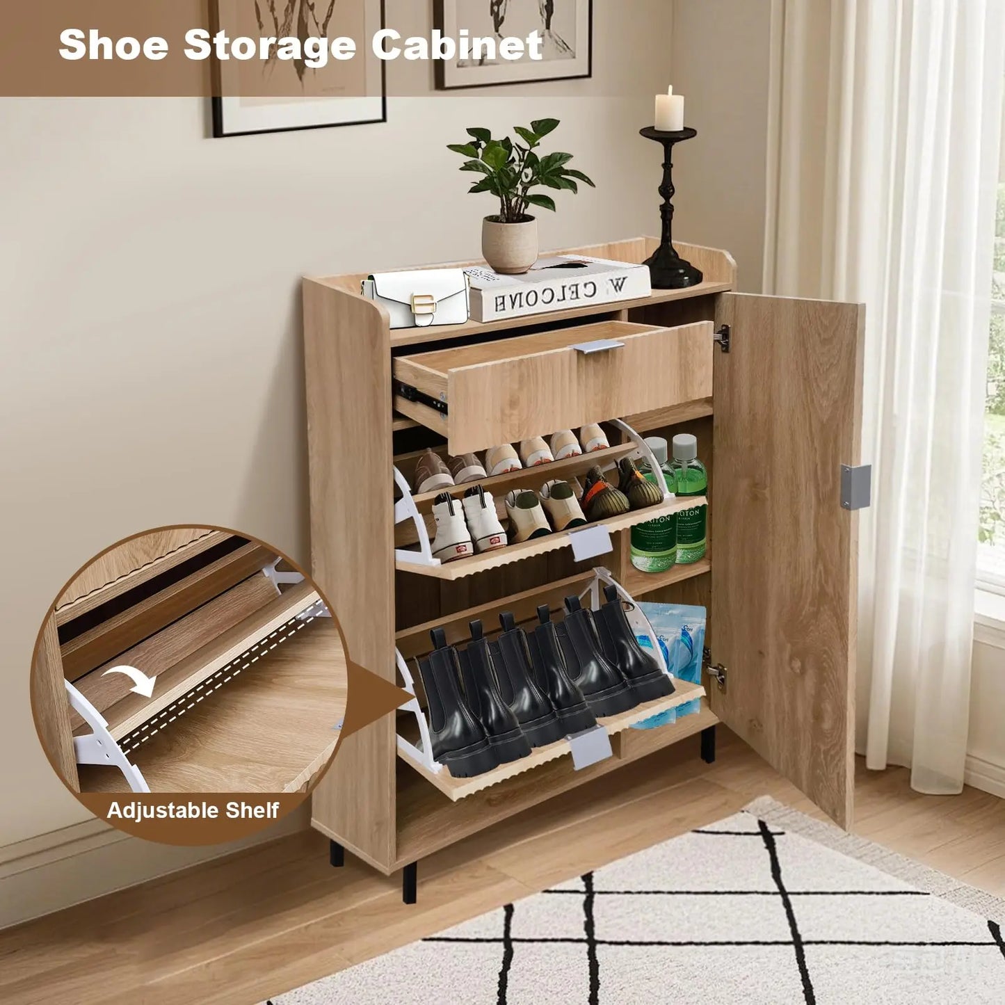 Shoe Storage Cabinet with Flip Drawers and Wave Design