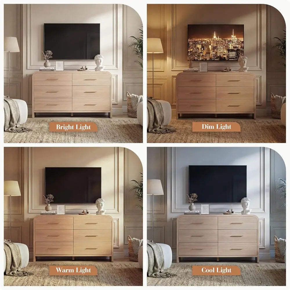 Curved 6-Drawer Wood Dresser with Modern Details