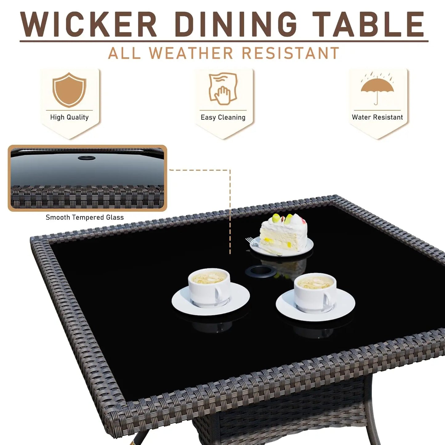 Wicker Dining Set with Glass Table and Cushioned Seating