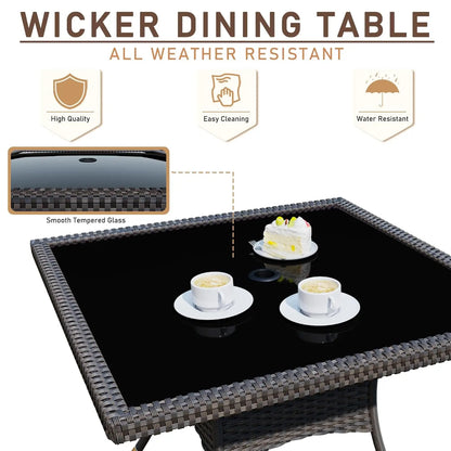 Wicker Dining Set with Glass Table and Cushioned Seating
