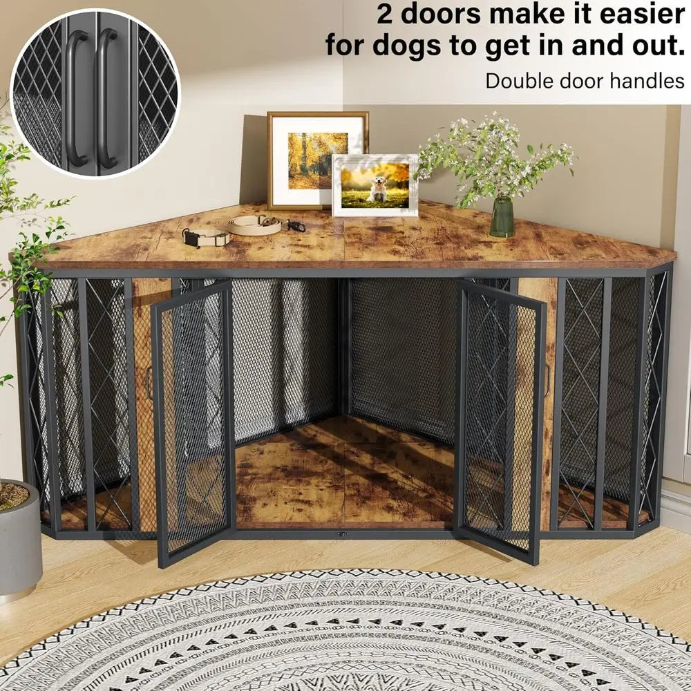 Corner Dog Crate Furniture with Metal Frame