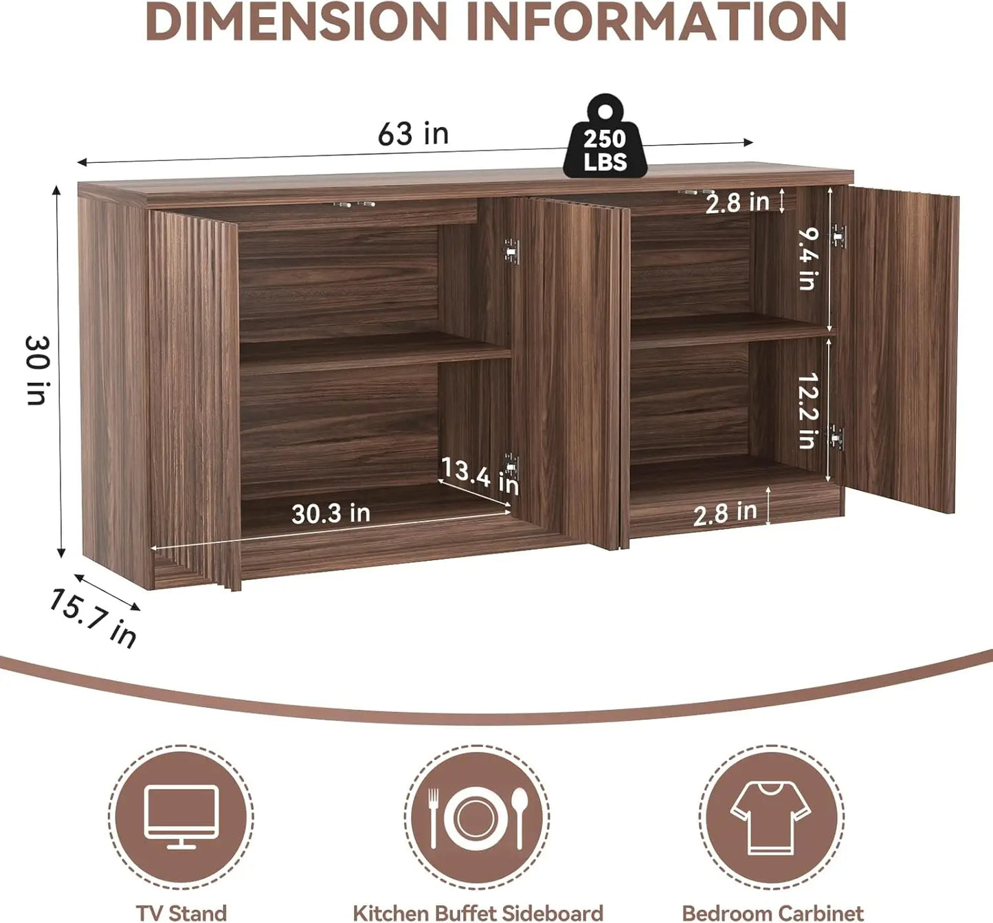 63-Inch Fluted Sideboard Cabinet with Storage