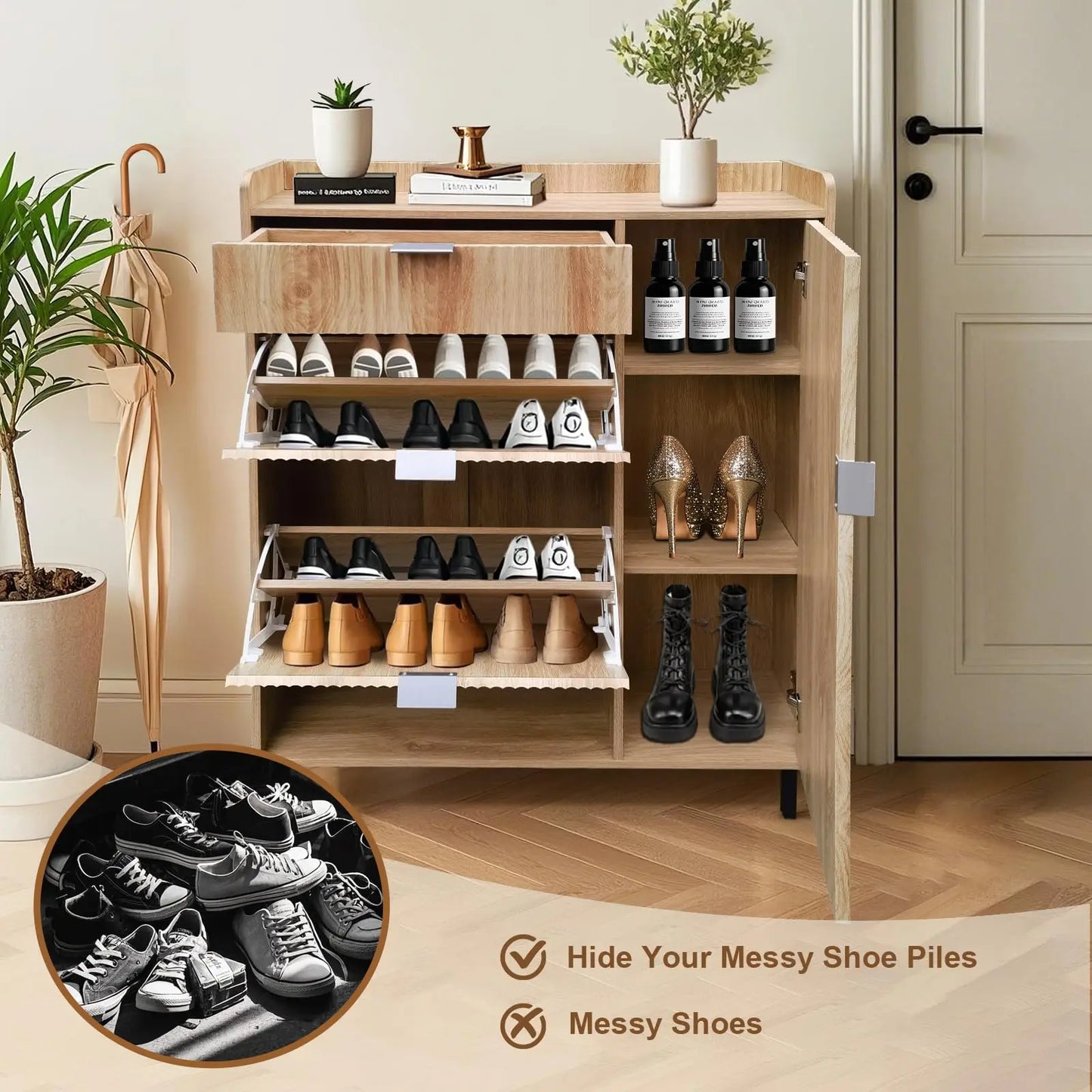 Shoe Storage Cabinet with Flip Drawers and Wave Design