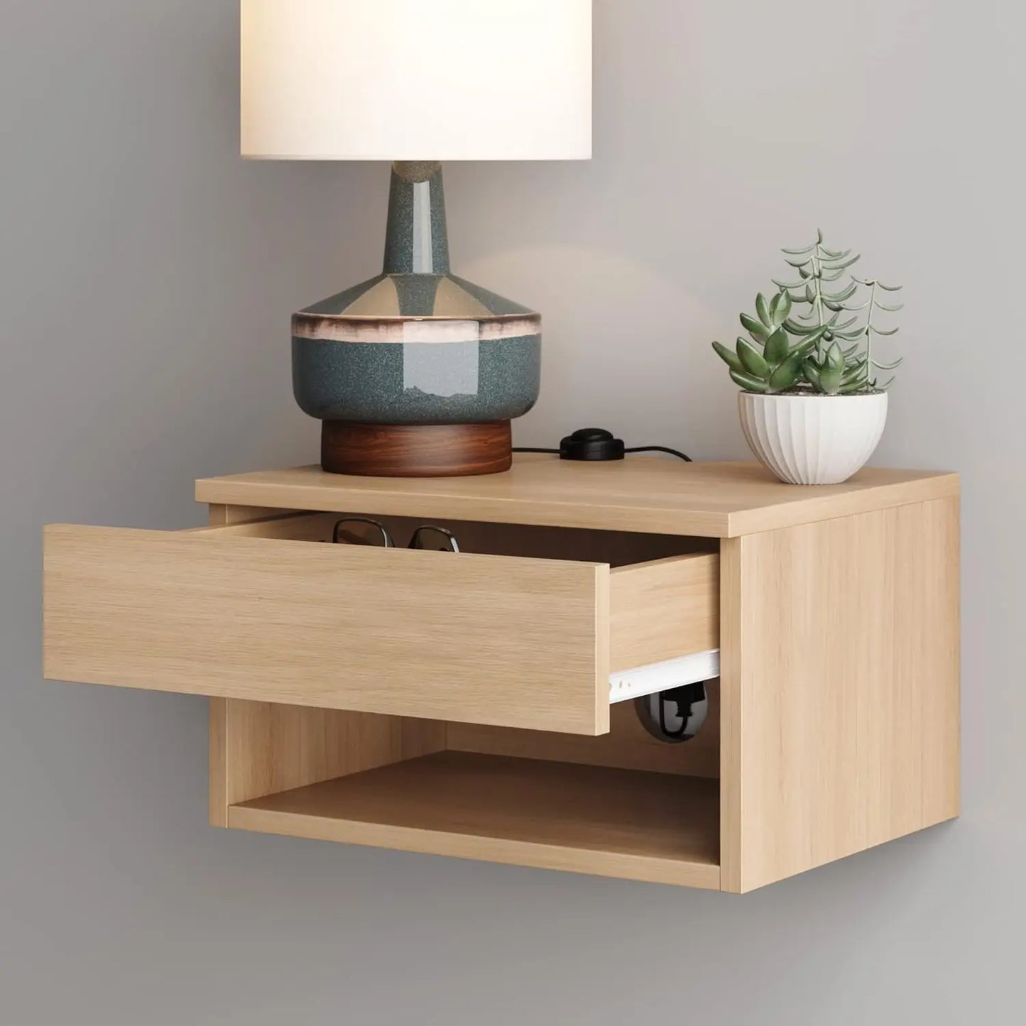 Floating Wood Nightstand with Drawer Storage - Set of 2