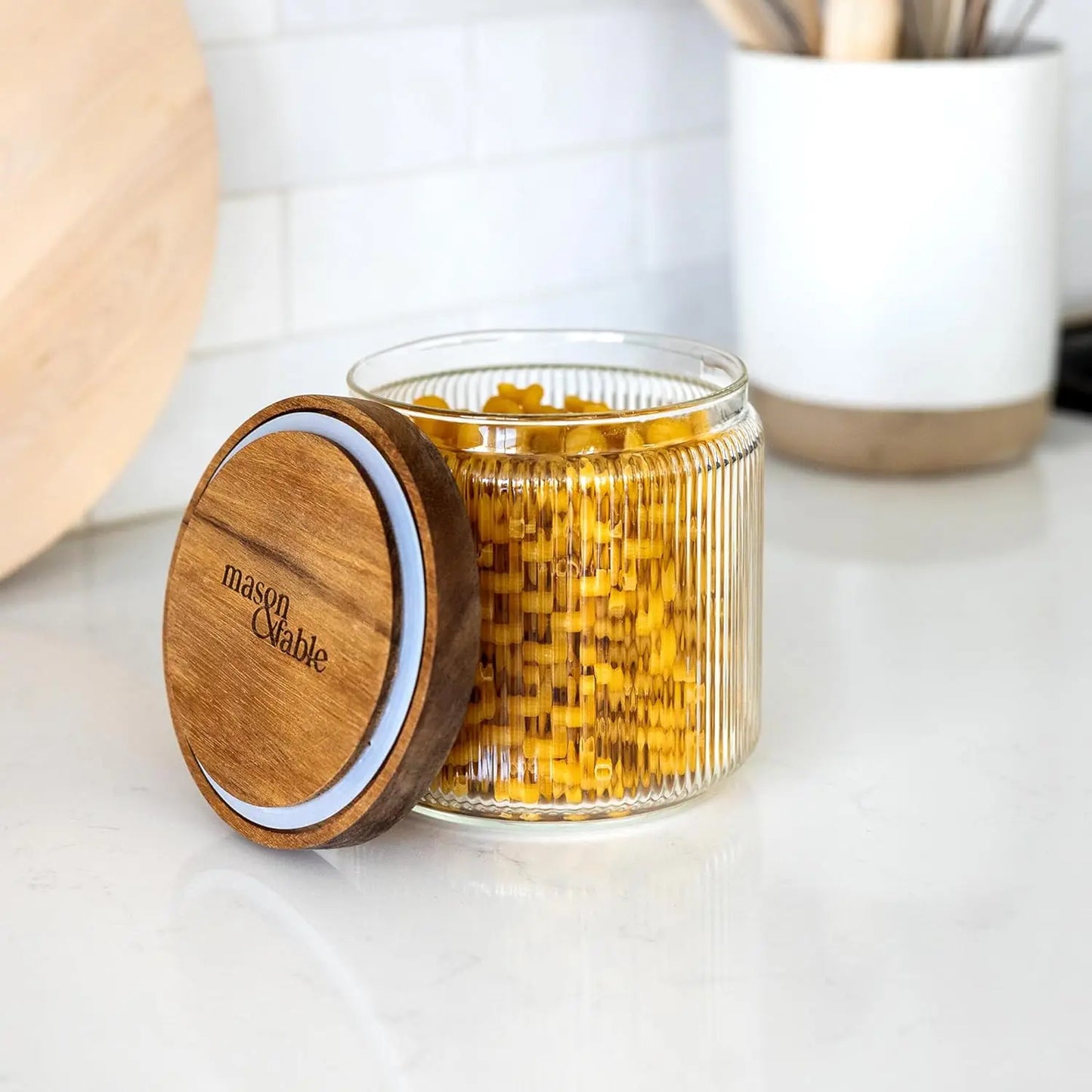 Ribbed Glass Canisters with Acacia Lids