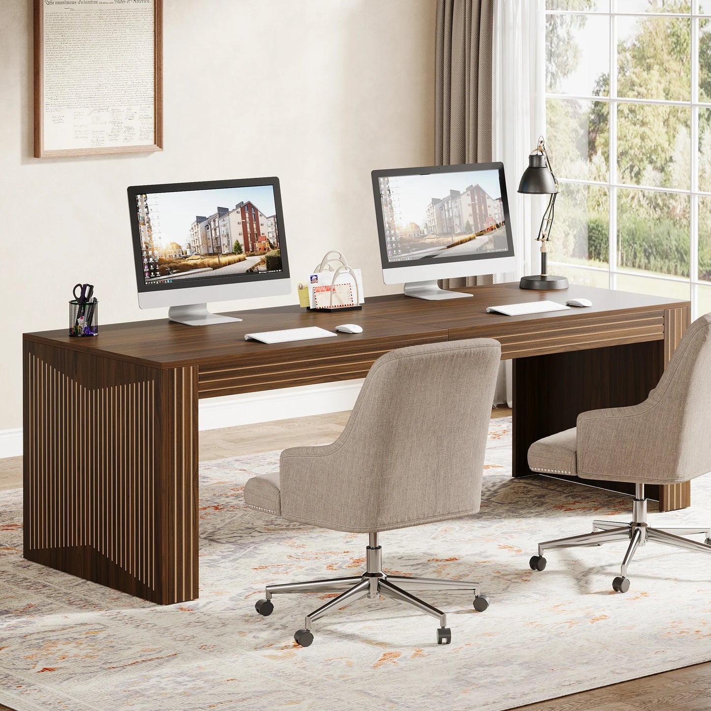 79 Inch Double Desk with Modern Wood Grain Design