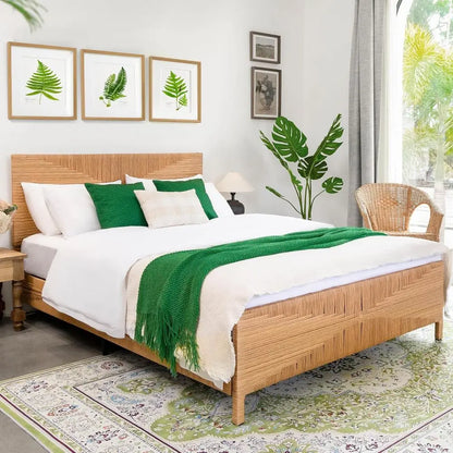 Boho Rattan Queen Bed Frame with Steel Support and Tall Headboard