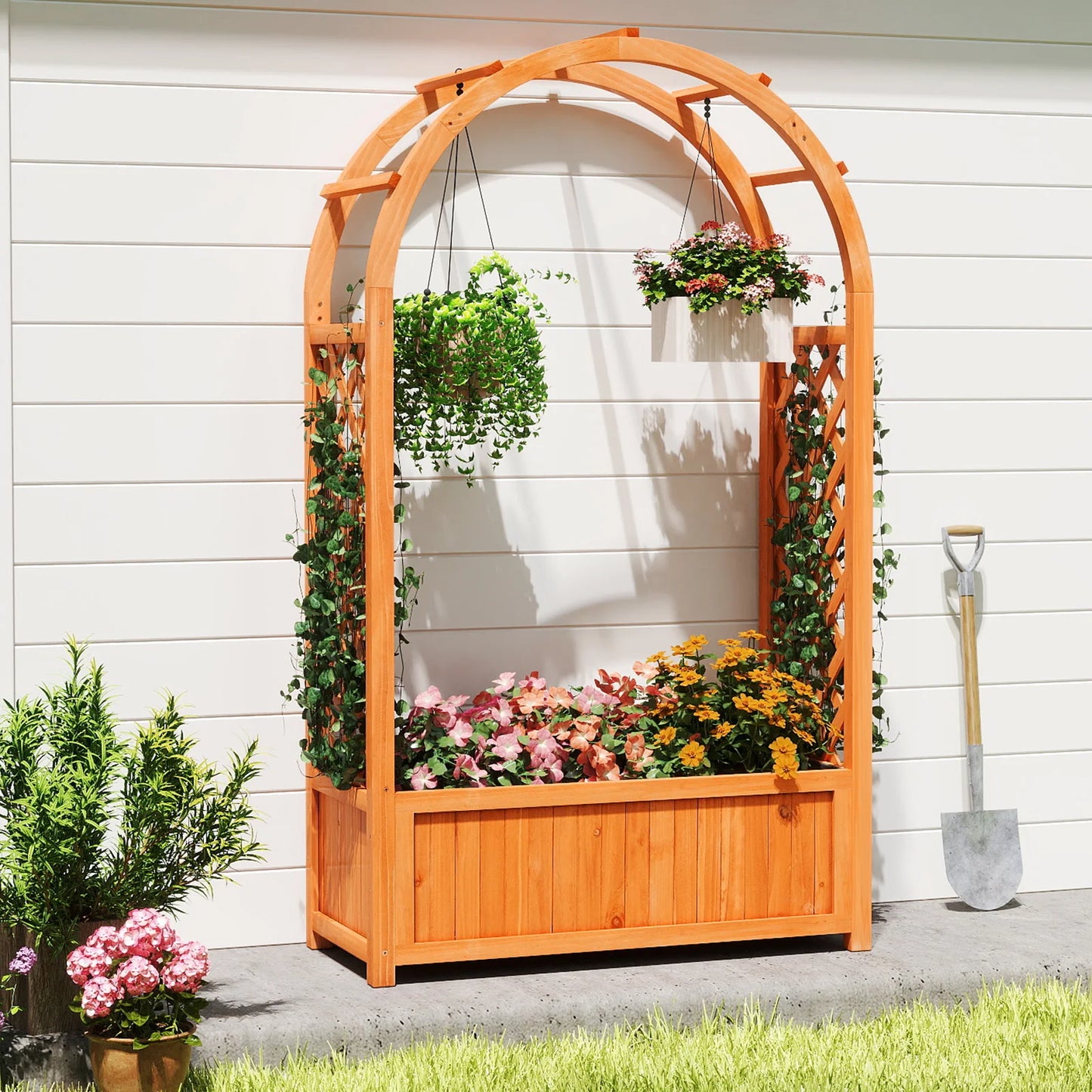 58” Fir Wood Raised Garden Bed with Arched Trellis