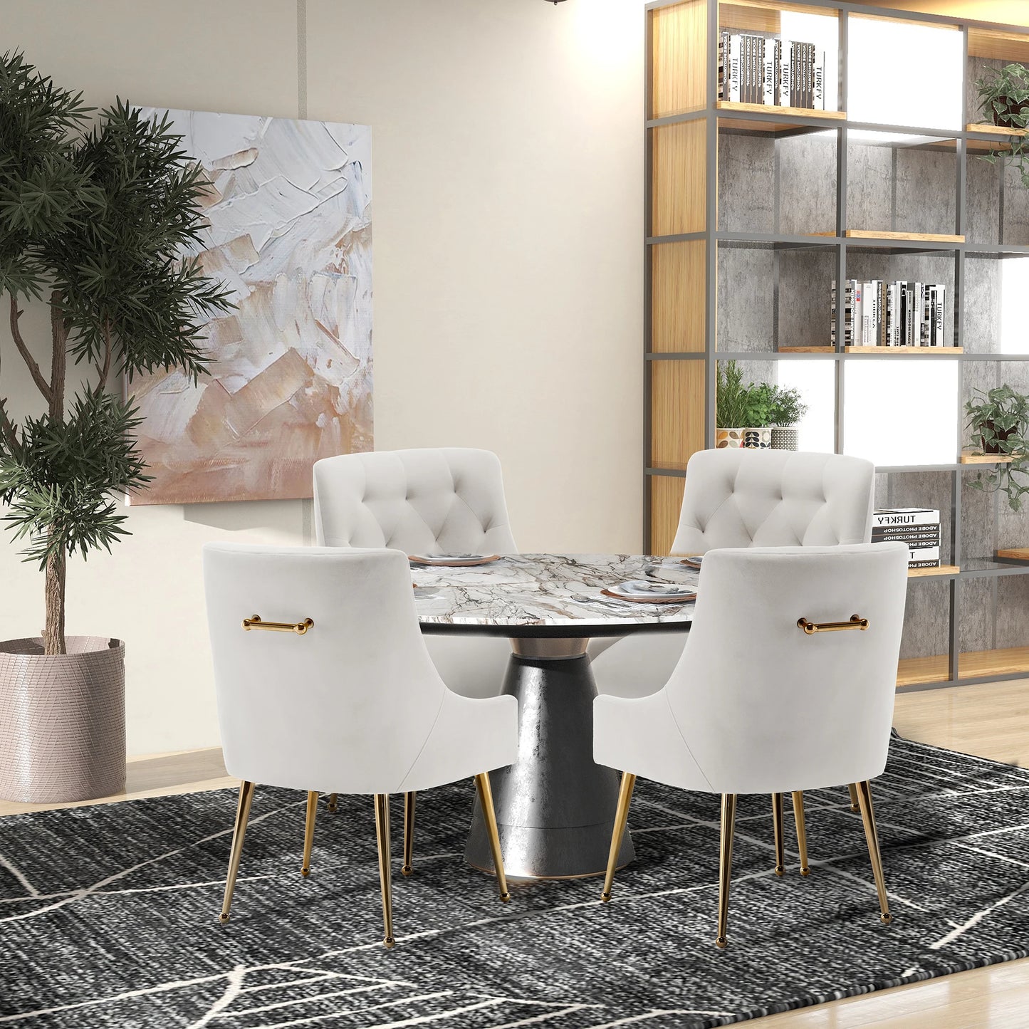 Velvet Dining Chairs with Gold Pull Accent Design