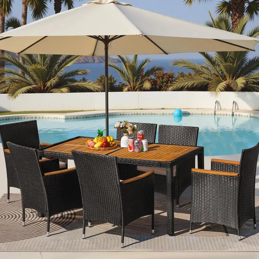 7 Piece Outdoor Dining Set with Cushioned Seating and Wood Table
