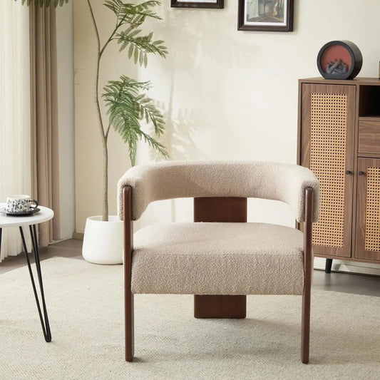 Beige Bouclé Barrel Accent Chair With Three-Leg Base