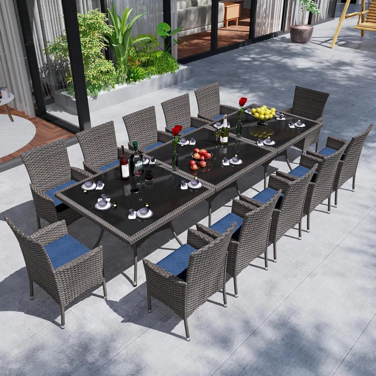 Wicker Dining Set with Glass Table and Cushioned Seating