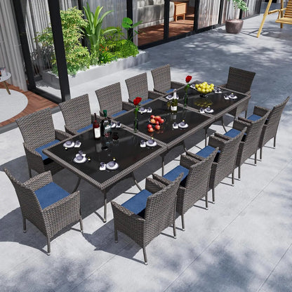 Wicker Dining Set with Glass Table and Cushioned Seating