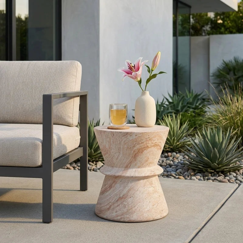 Lightweight Travertine Hourglass Indoor Outdoor Side Table