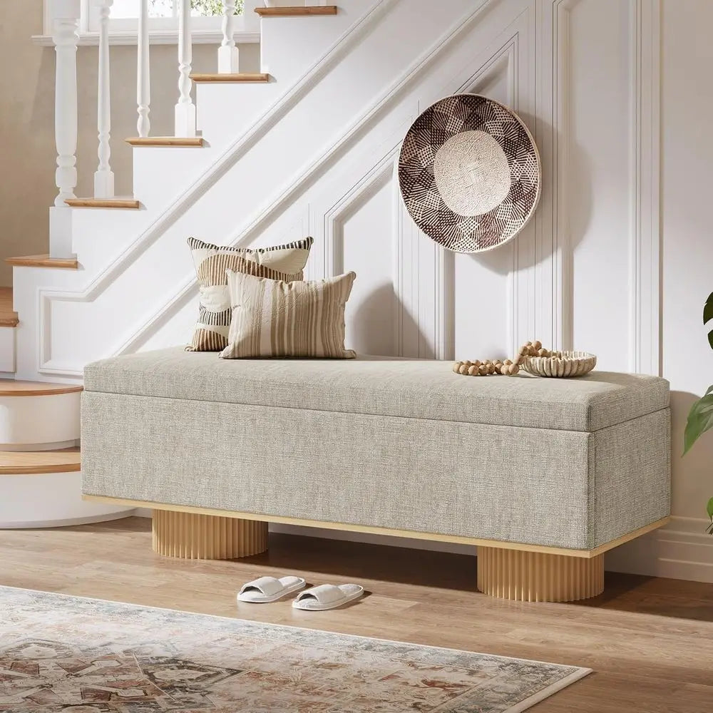 Modern Beige Storage Bench with Fluted Wood Legs