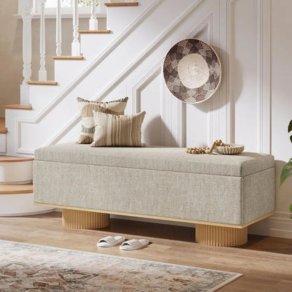Modern Beige Storage Bench with Fluted Wood Legs