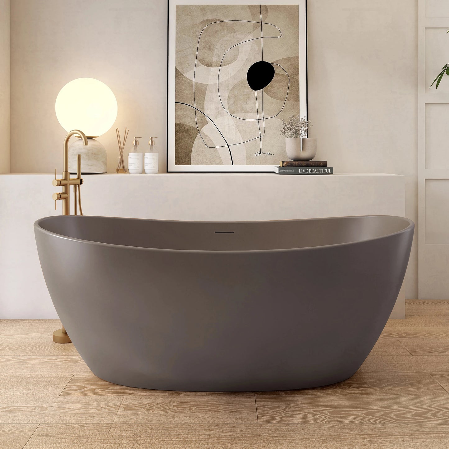 65” Gray Coffee Solid Surface Freestanding Soaking Tub