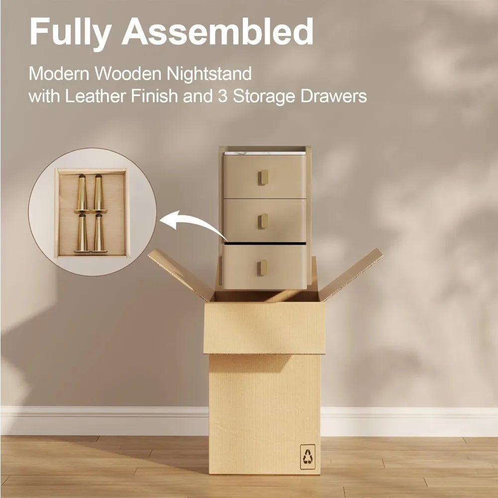 Narrow Nightstand with Leather Finish and Slate Top