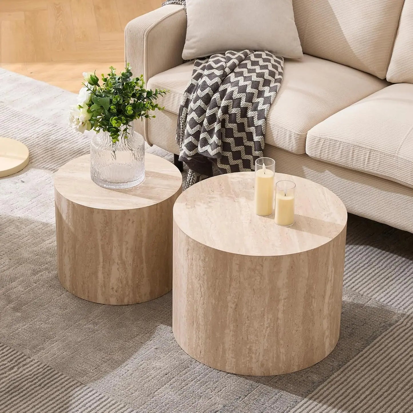 Round Wood Nesting Coffee Table Set