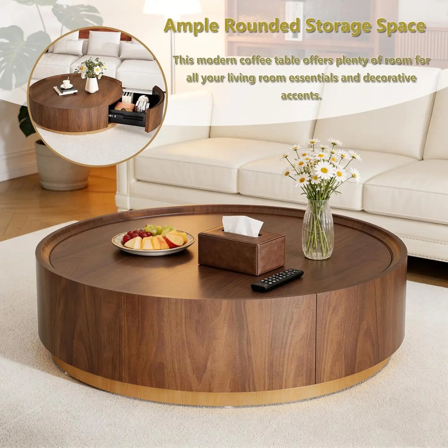 Round Drum Coffee Table with Hidden Storage