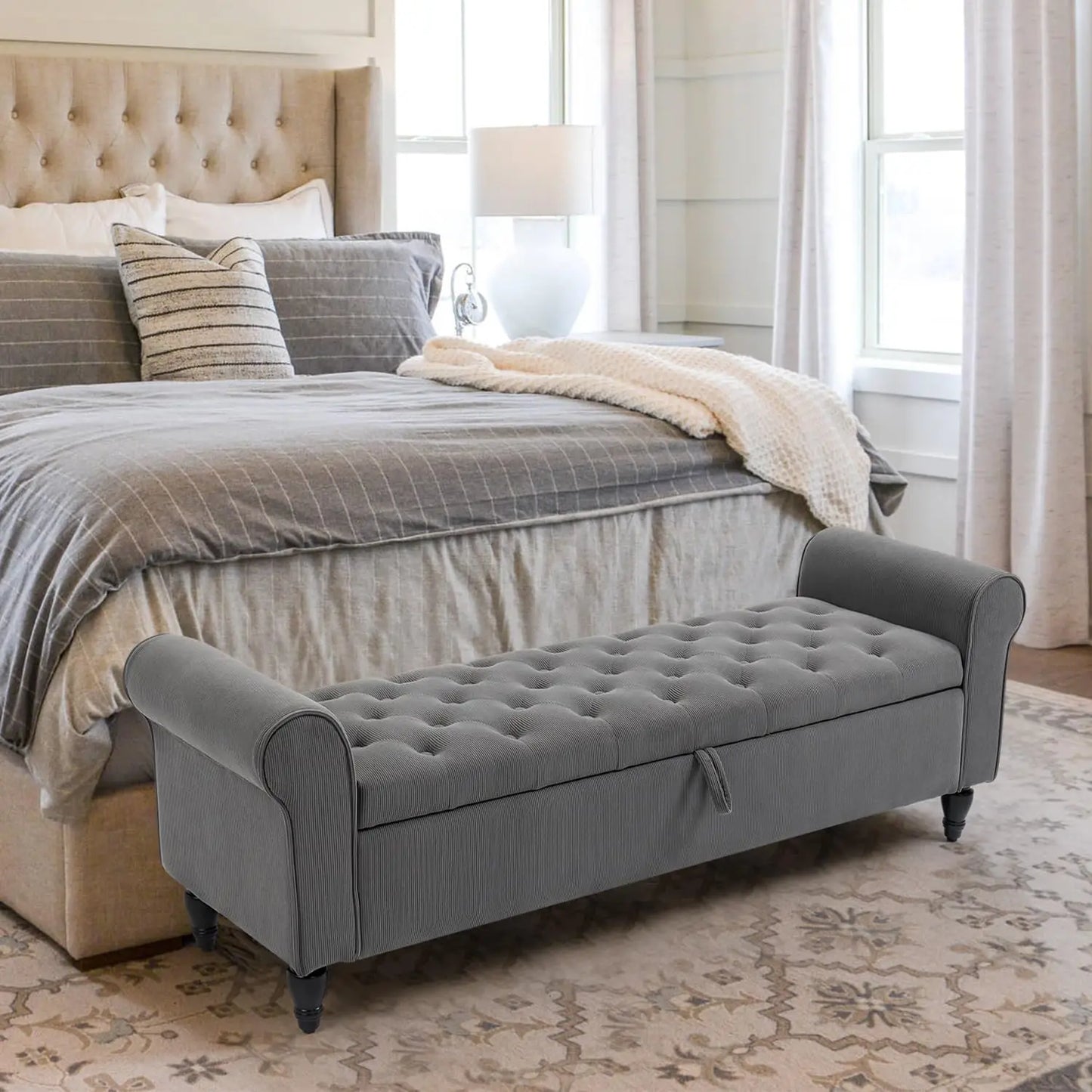 Corduroy Tufted Storage Bench with Rolled Arms