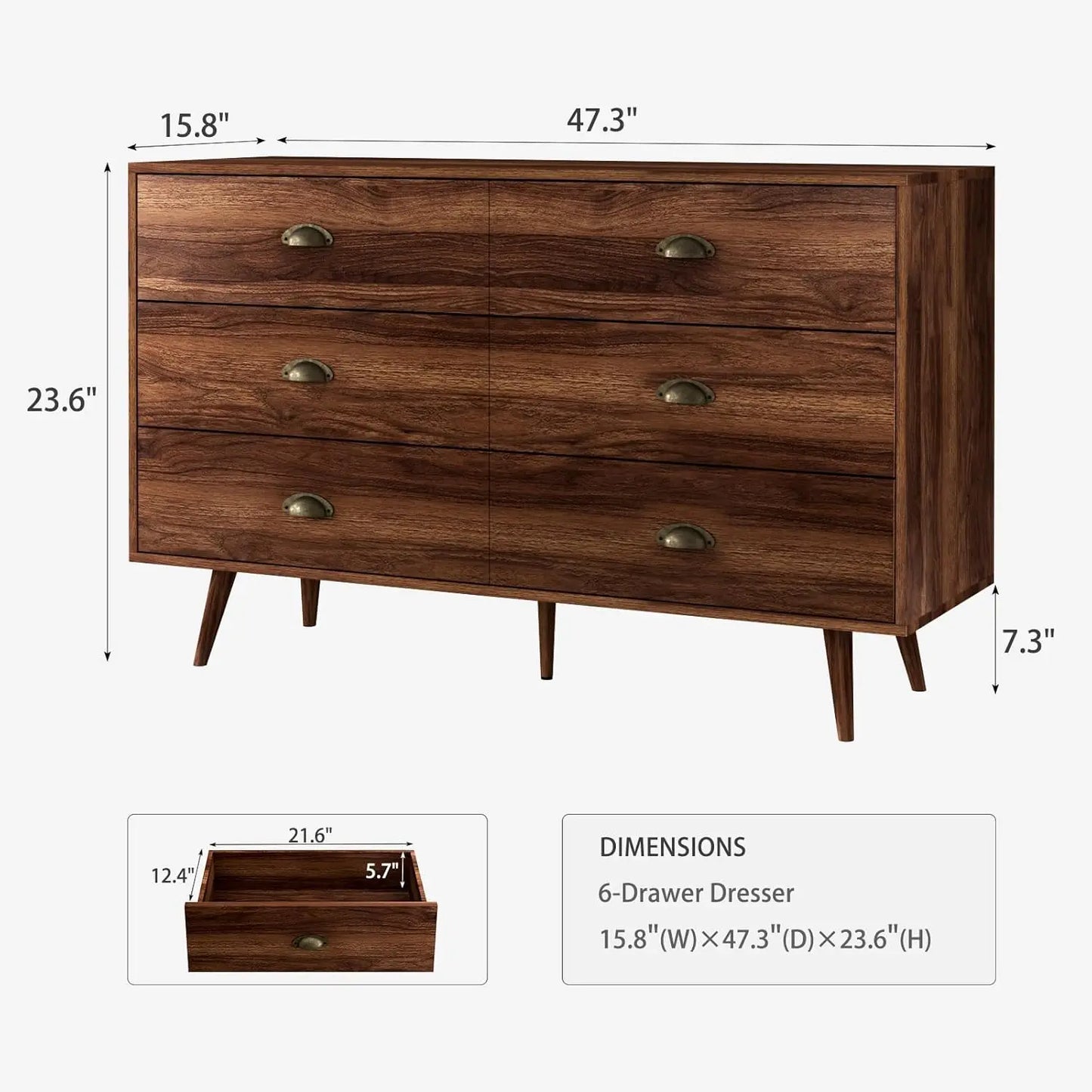 Walnut Brown 6-Drawer Classic Dresser