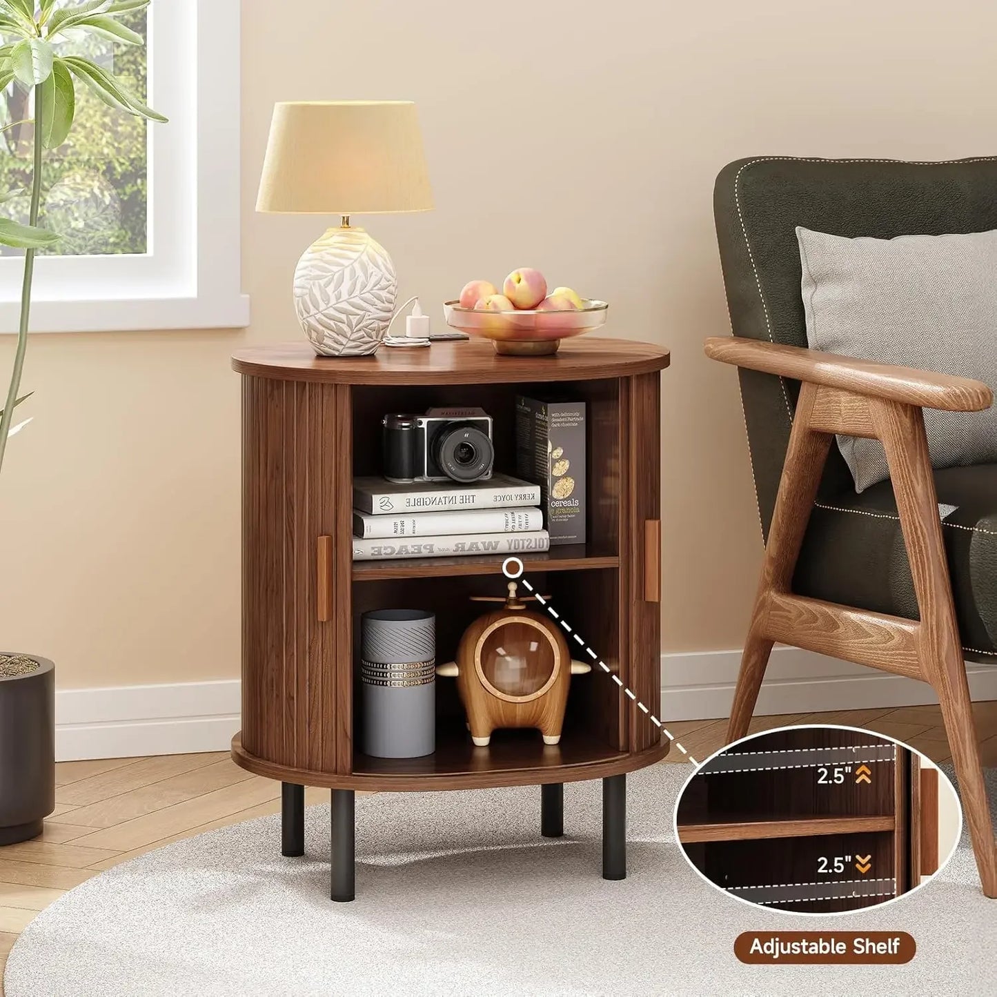 Mid-Century Side Table with Charging Station and Sliding Door