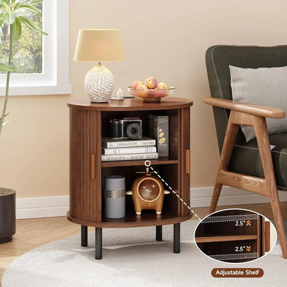 Mid-Century Side Table with Charging Station and Sliding Door