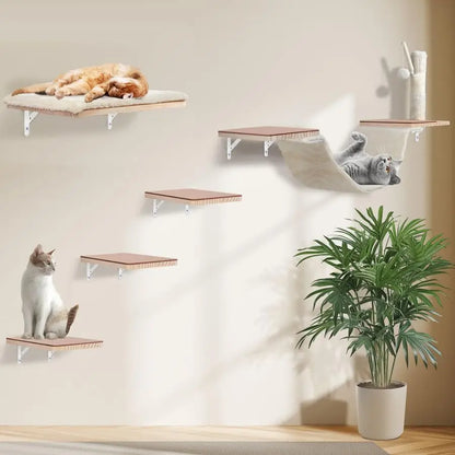 Natural Wood Cat Wall Shelves With Climbing System