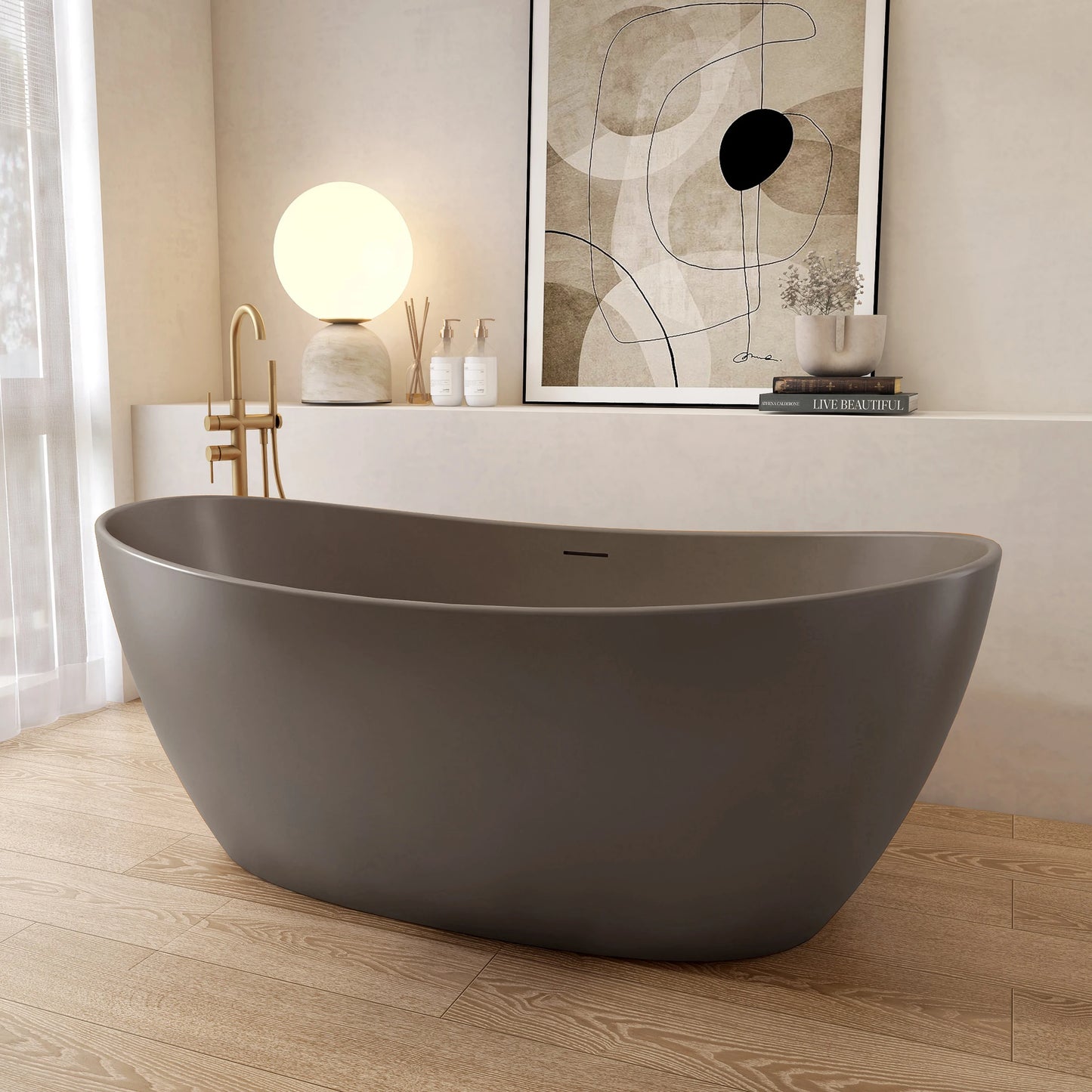 65” Gray Coffee Solid Surface Freestanding Soaking Tub