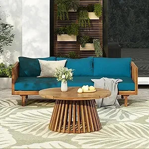 Acacia Wood Outdoor Sofa Set with Cushions and Coffee Table