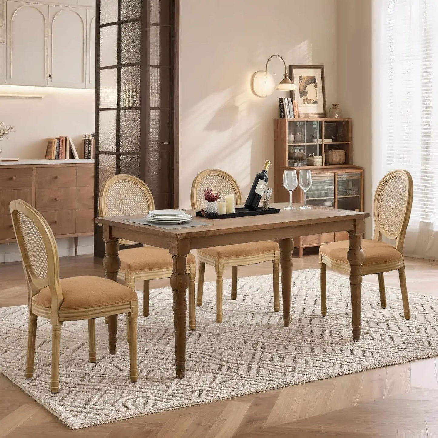 Upholstered Dining Chair with Carved Wood Detail - Set of 4