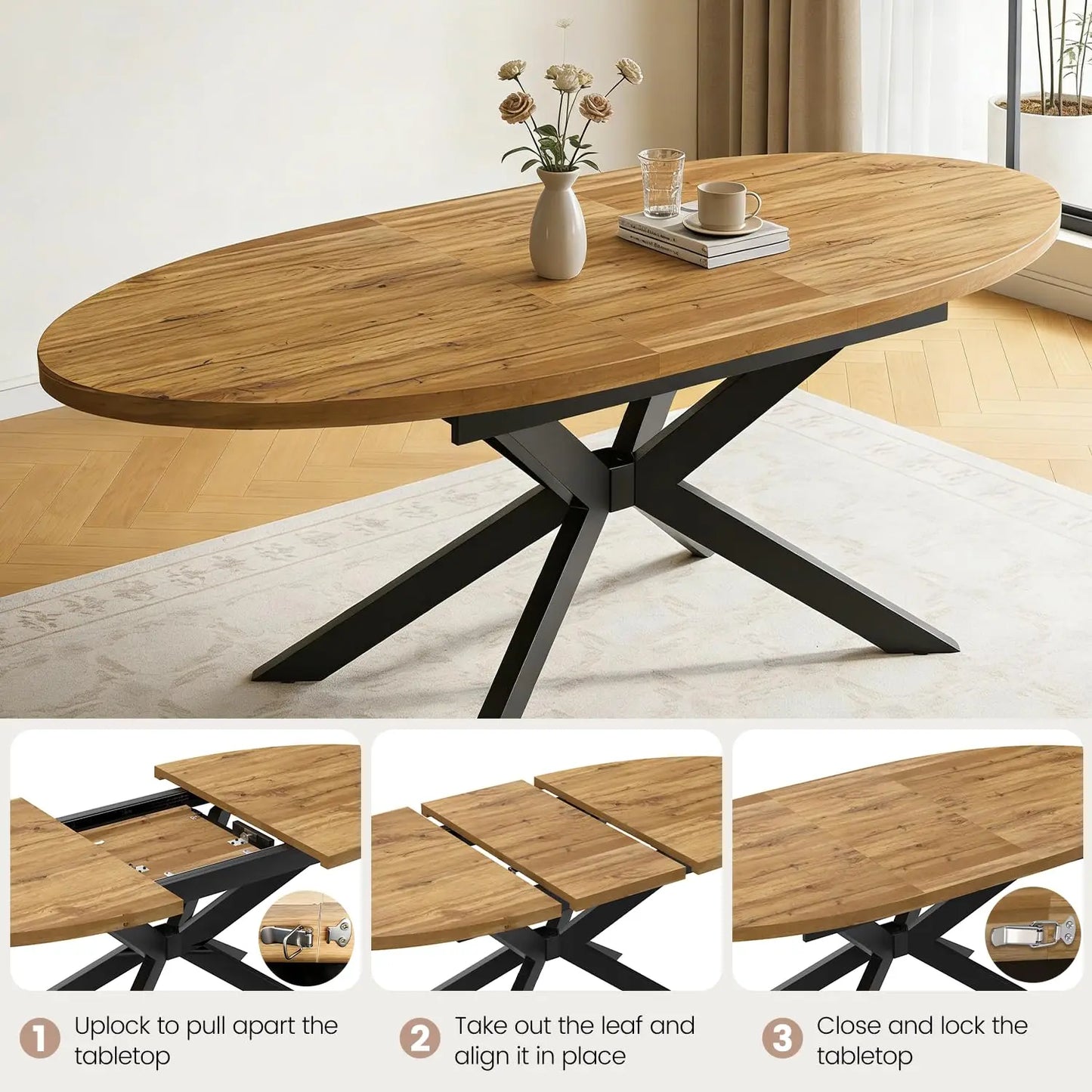 Extendable Round Dining Table with Walnut Finish and Metal Base