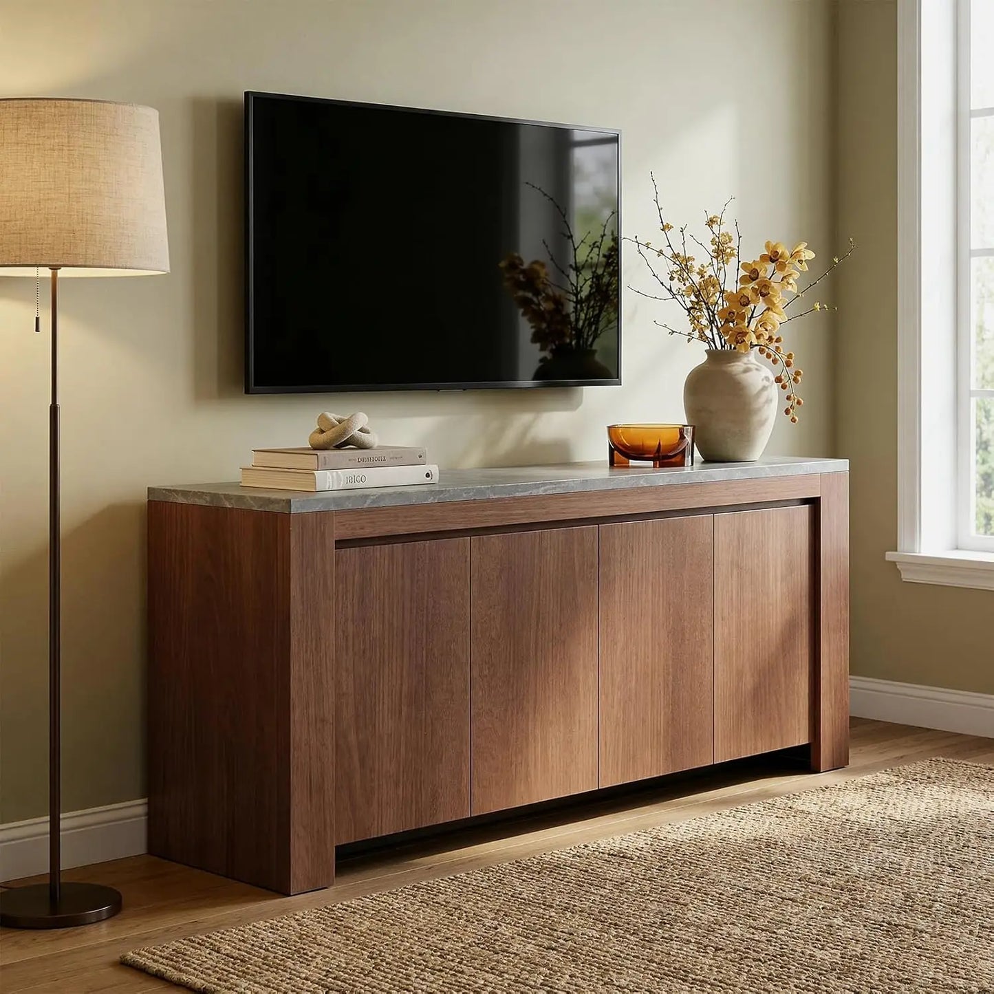 Modern Sideboard with Faux Marble Top and Hidden Storage