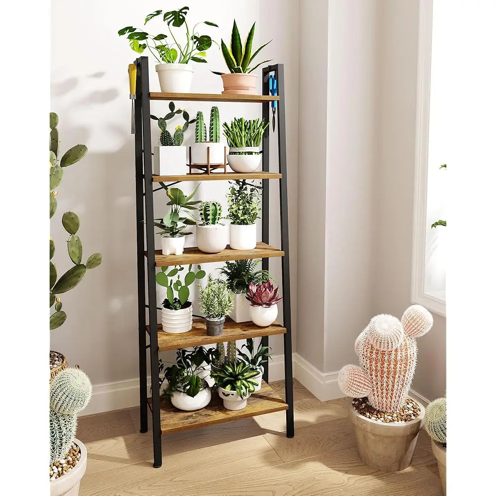Industrial Ladder Shelf with Hooks and Storage