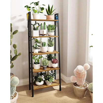 Industrial Ladder Shelf with Hooks and Storage