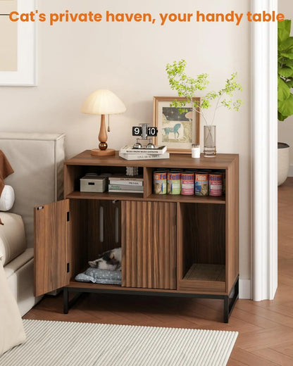 Hidden Cat Litter Box Cabinet with Fluted Doors and Storage